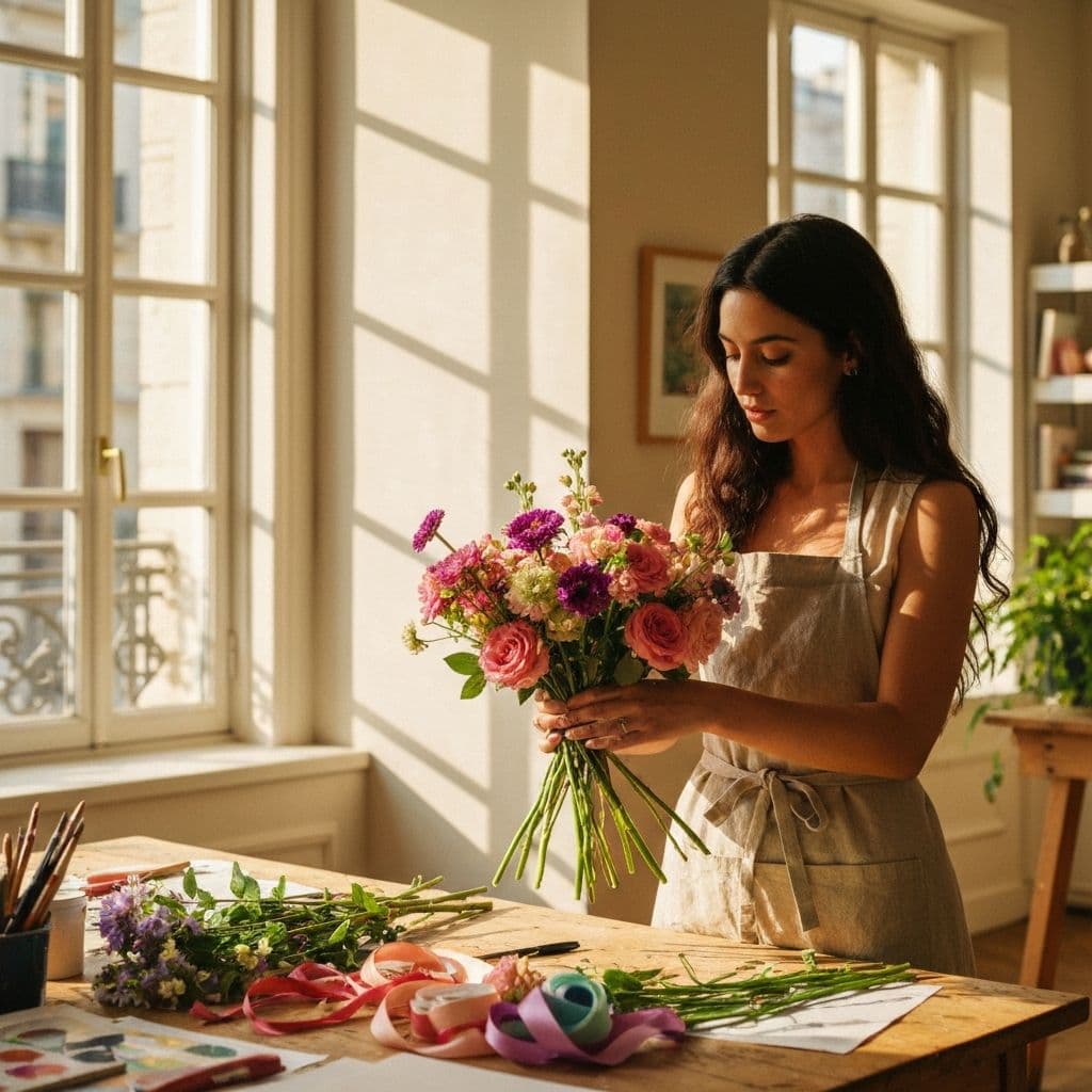 Zara arranging flowers in her bright atelier workspace