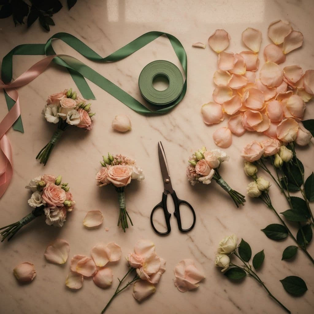 Floral atelier workspace with scattered petals and ribbons