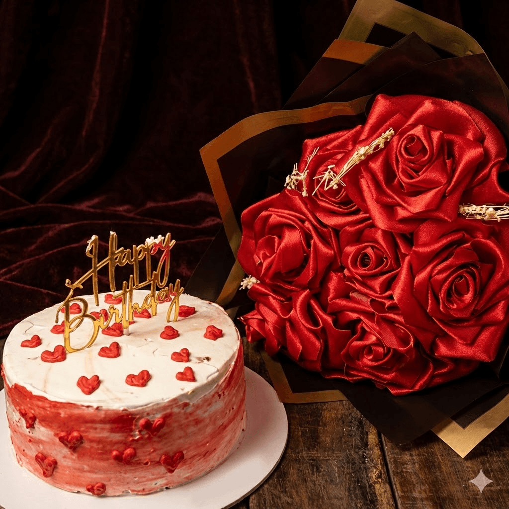 Birthday cake with red heart decorations and satin rose bouquet
