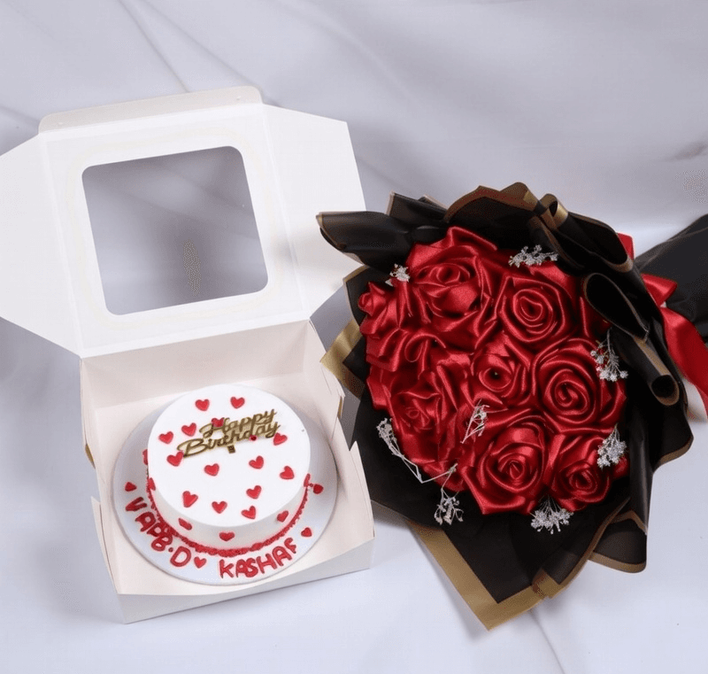 Red satin rose bouquet paired with a birthday cake in a gift box