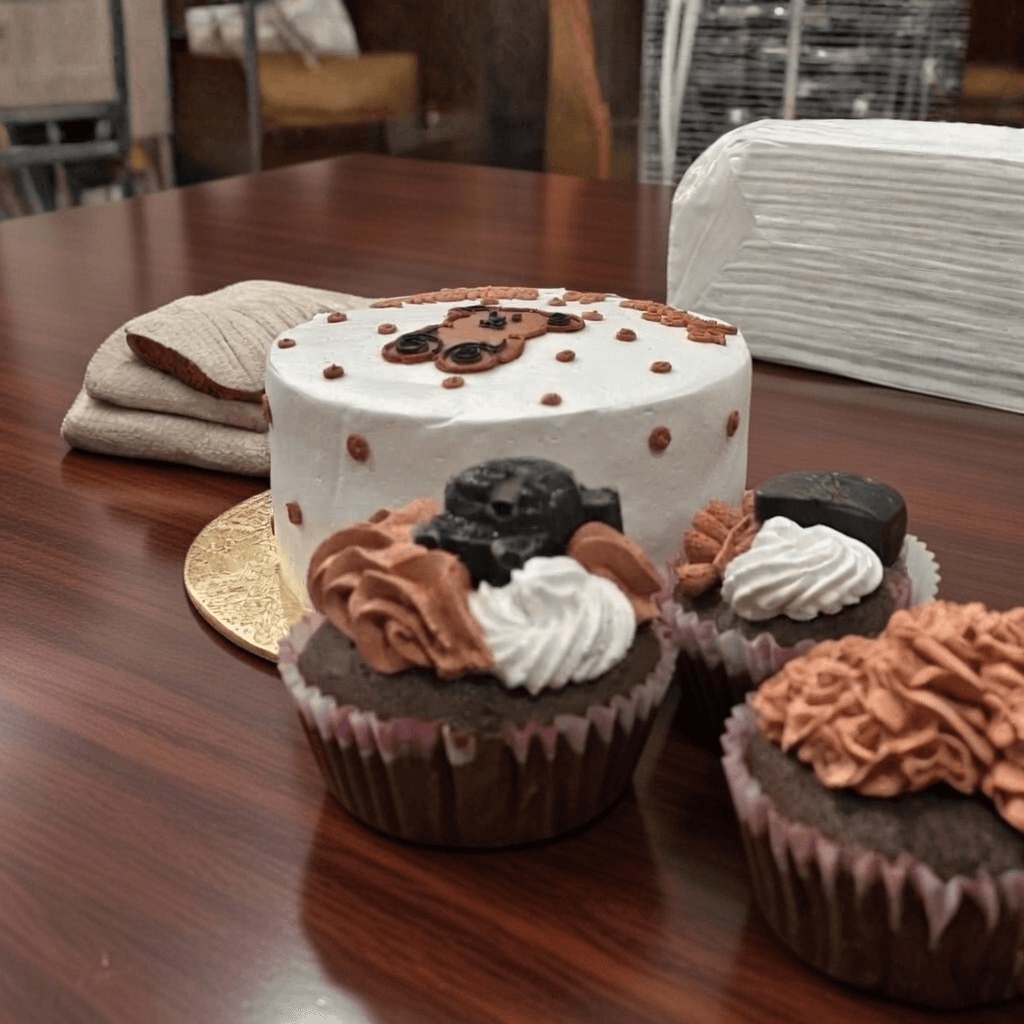 Decorated cake with chocolate cupcakes and piped frosting