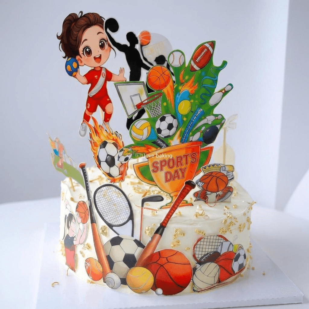 Sports-themed celebration cake with colourful toppers and gold leaf